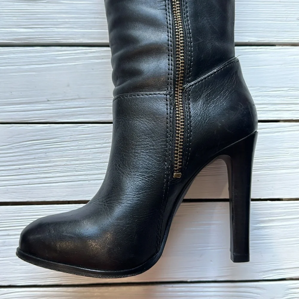Tory Burch Black Tall Kasey Heeled Smooth Leather Boots Logo size 5.5